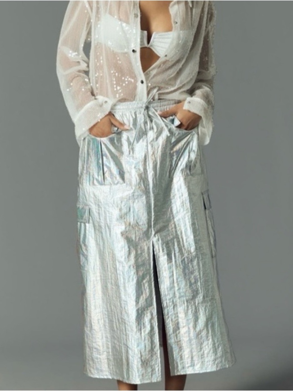 EUC!  Anthropologie Silver Metallic Shine Cargo Midi Skirt ~ L